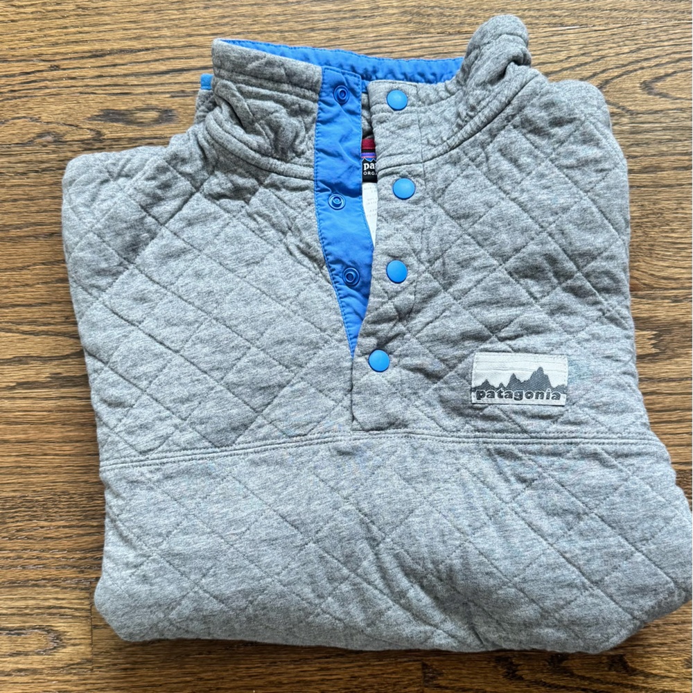Patagonia Quilted Grey Bib with Blue Snap Placket